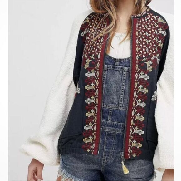 Free People Two Faced Embroidered Jacket Blue Cream Size Small - Picture 5 of 16